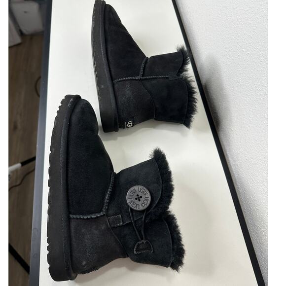 UGG Black Suede Furry Mini Bailey Button Ankle Boot 6 - Picture 7 of 15